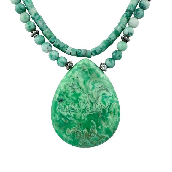 Two Strand Chrysoprase Beaded Necklace | Vintage Sterling Silver 925 | 16" - Picture 4 of 10